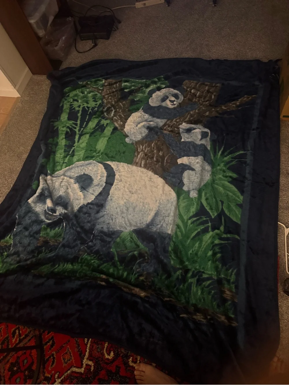 Panda Forest Plush Throw Blanket - Navy and Green